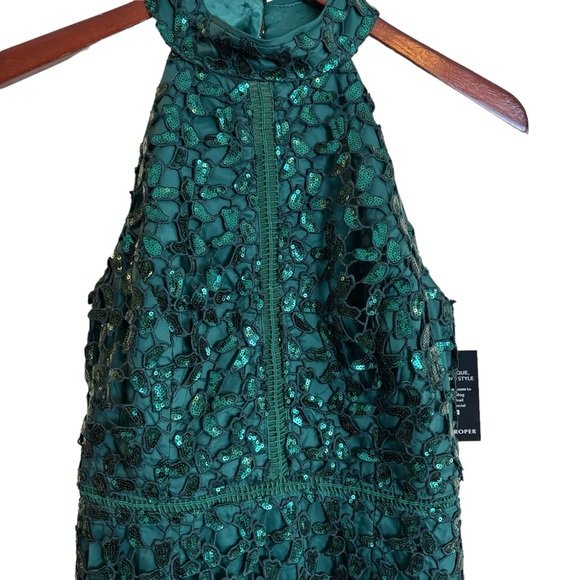 NEW Boston Proper Deep Emerald Sequin Lace High Mock Neck Sheath Dress Size 4 - Picture 9 of 16